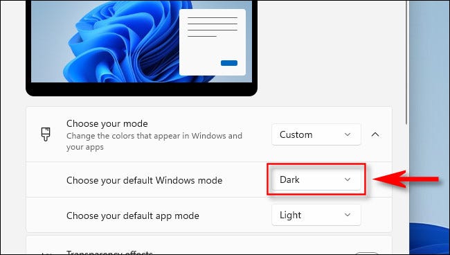 Em "Escolha o modo padrão do Windows", selecione "Escuro".