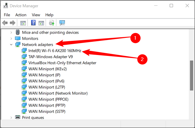 Selecione "Adaptadores de rede" e procure seu adaptador Wi-Fi.  Este exemplo tem um adaptador sem fio Intel.