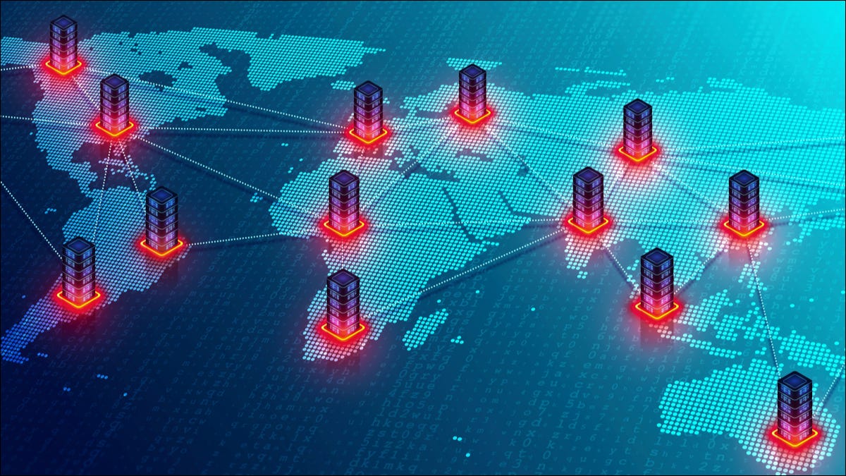 Servidores conectados em um mapa-múndi.