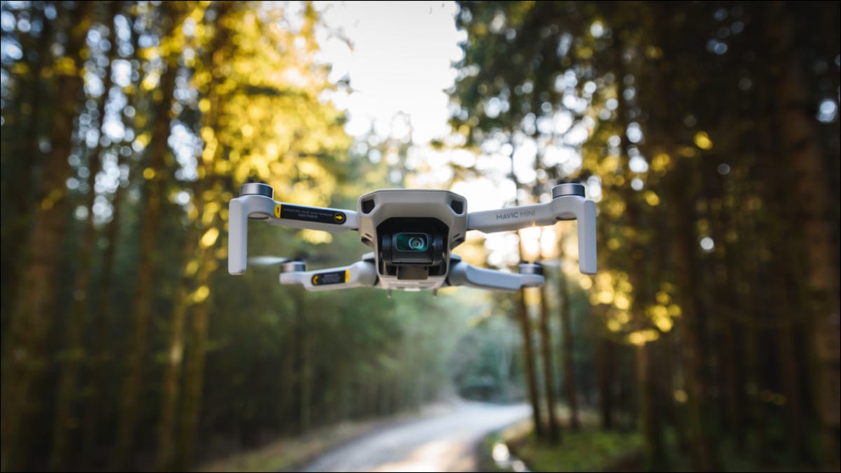 Um drone sobrevoando uma estrada através de uma área arborizada.