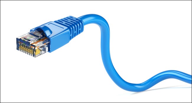 Close do conector RJ45 de um cabo Ethernet.