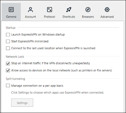 Configurações gerais da ExpressVPN