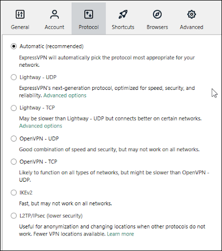 Protocolos VPN disponíveis para ExpressVPN