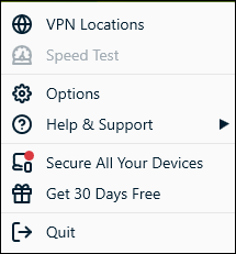 Menu de configurações da ExpressVPN