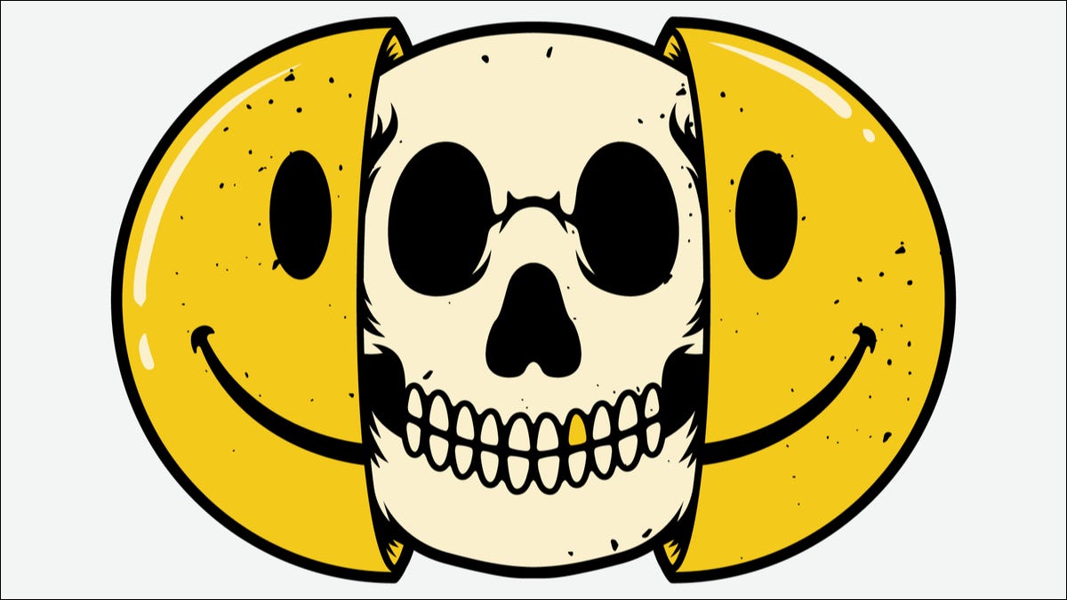 Um emoji de sorriso se abrindo para revelar um emoji de caveira dentro.