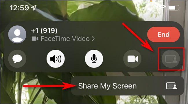 Toque no botão Compartilhar minha tela e selecione "Compartilhar minha tela" no FaceTime no iPhone.
