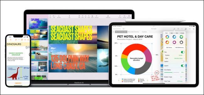 Exemplos de aplicativos iWork em dispositivos Apple como iPhone, iPad e Mac.