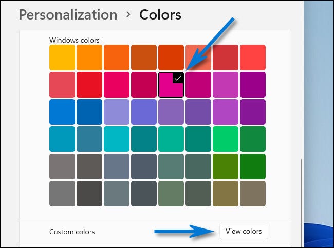 Escolha uma cor de destaque ou escolha uma personalizada clicando em "Visualizar cores".