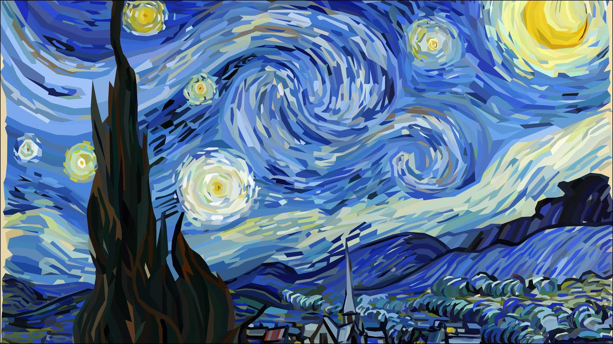 A famosa pintura "Noite Estrelada" de Vincent Van Gogh renderizada em estilo low poly.