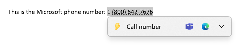 Pop-up para 'Número de chamada' ao selecionar o texto