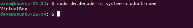 O comando dmidecode identificando corretamente uma VM do VirtualBox