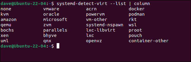 O conjunto completo de respostas que o systemd-detect-virt pode retornar