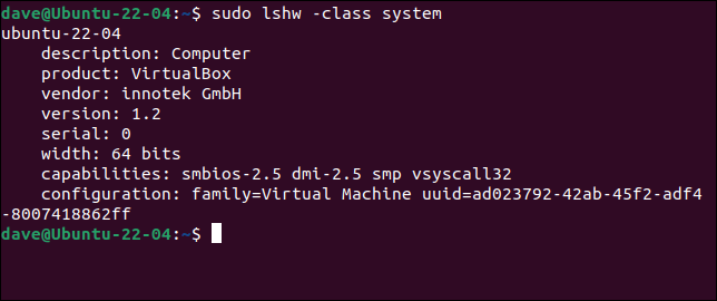O comando lshw relatando em uma VM do VirtualBox