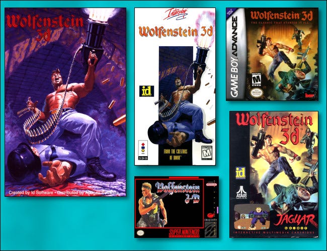 Arte da caixa para uma seleção de lançamentos 3D de Wolfenstein ao longo dos anos.