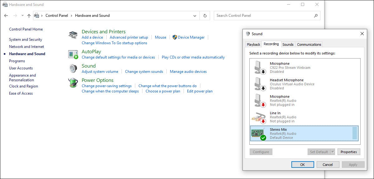 uma imagem mostrando o painel de controle do Windows e o menu de som.