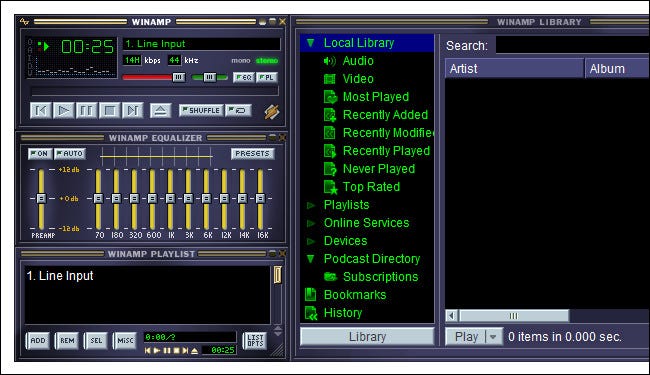 uma imagem mostrando a visualização de reprodução simples na janela principal do Winamp.