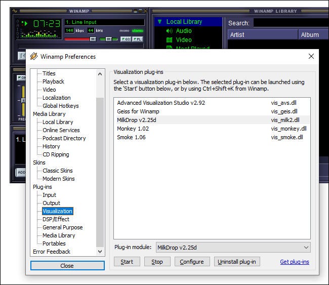 uma imagem mostrando o menu de seleção de visualização do Winamp.