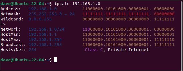 A saída do ipcalc examinando um endereço IP