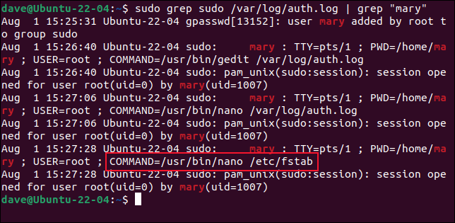 Usando grep para filtrar entradas que mencionam mary e sudo