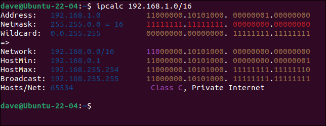 A saída de pedir ao ipcalc para aplicar uma nova máscara de sub-rede a um endereço IP