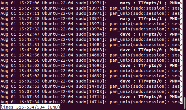 journalctl exibindo entradas que contêm sudo no visualizador de arquivos less