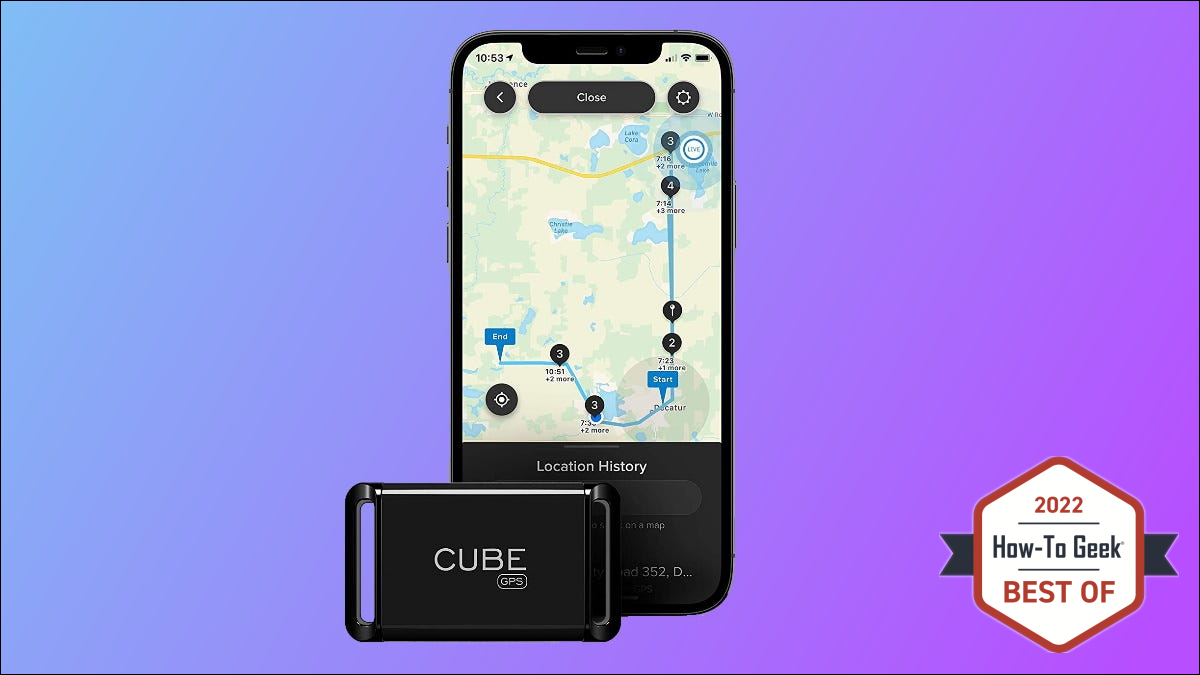 Cubo rastreador GPS em fundo azul e roxo