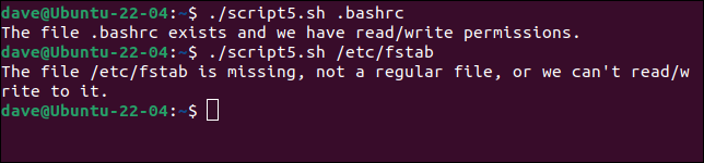script5.sh verificando se existe um arquivo e se as permissões de leitura e gravação estão definidas