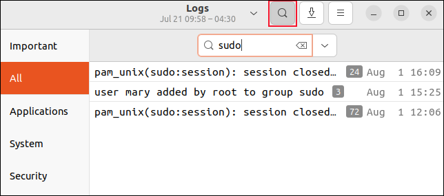 Procurando por entradas que contenham sudo no aplicativo GNOME Logs