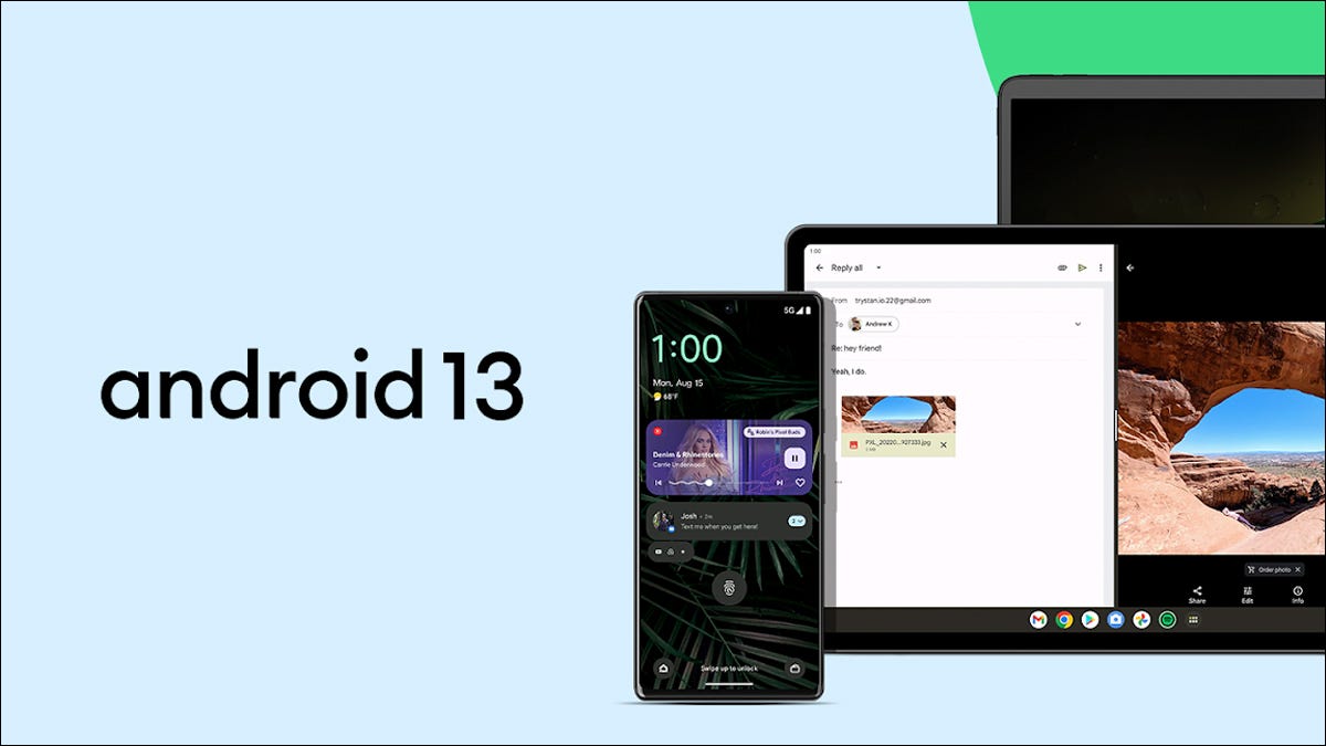 O logotipo do Android 13 com um telefone, tablet e laptop