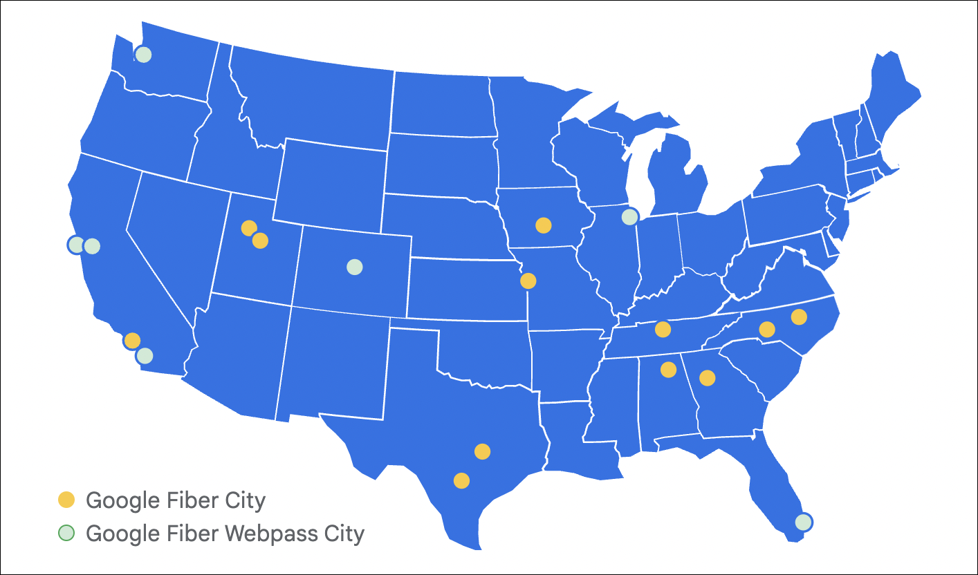 Mapa dos Estados Unidos com as localizações do Google Fiber destacadas