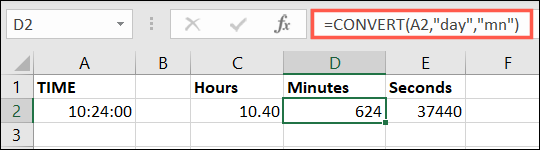 Fórmula da função CONVERT para minutos