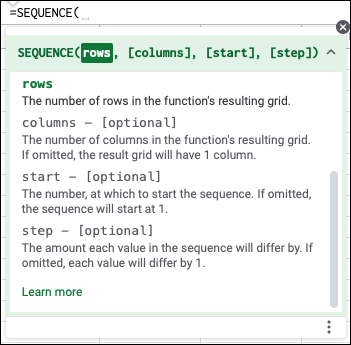 Sintaxe da função SEQUENCE no Planilhas Google