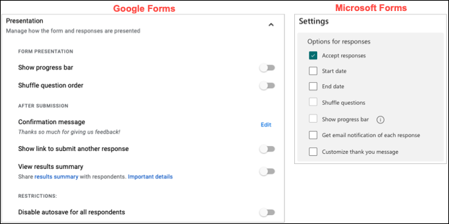 Recursos e configurações no Google Forms e no Microsoft Forms