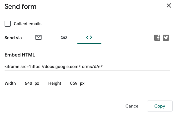 Opções de compartilhamento do Google Forms