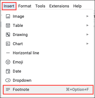 Nota de rodapé no menu Inserir na web