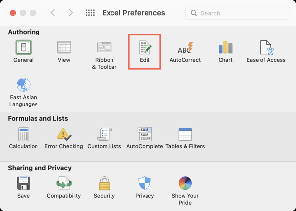 Editar nas preferências do Excel no Mac