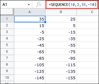 Fórmula SEQUENCE com o argumento de diminuição