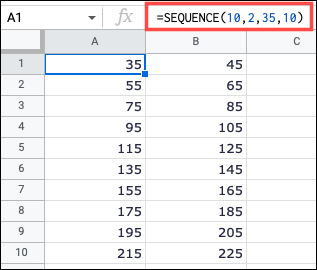 Fórmula SEQUENCE com o argumento de aumento