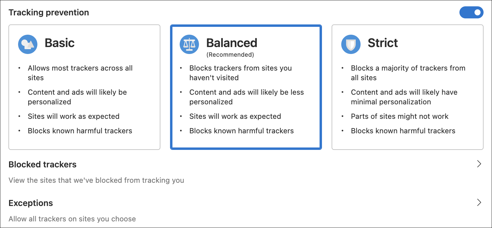 imagem com três modos: Básico, balanceado e Estrito