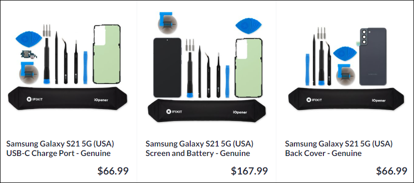 Substituições para porta USB-C ($ 69,99), tela e bateria ($ 167,99) e tampa traseira ($ 66,99)