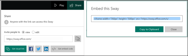 Opções de compartilhamento e incorporação do Sway