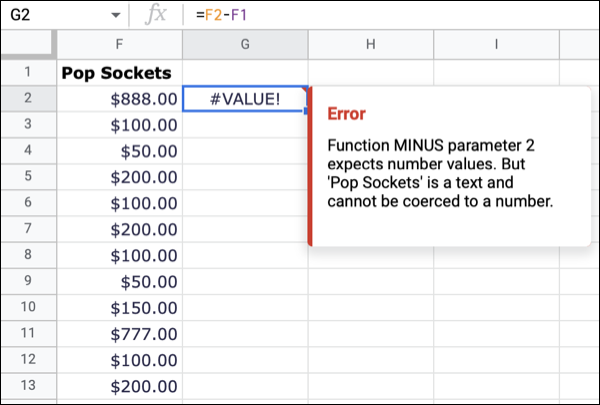 VALUE erro no Planilhas Google