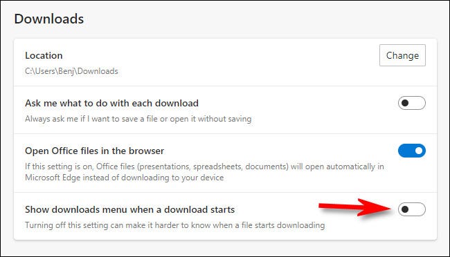 Nas configurações de download, gire a chave ao lado de "Mostrar menu de downloads quando um download começar" para a posição desligada (quando não estiver mais em destaque).