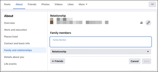 Adicionar membros da família ou relacionamentos do Facebook