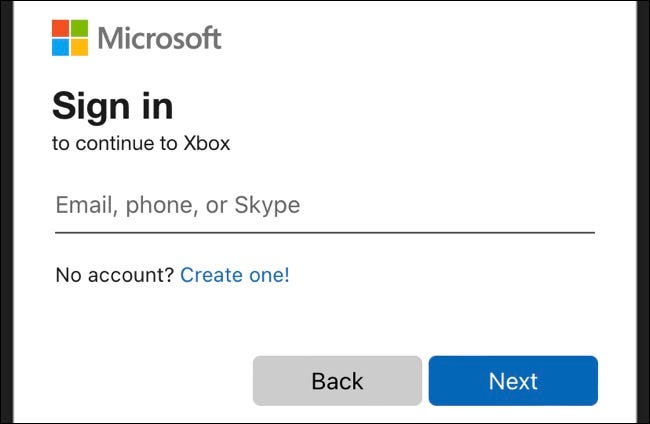 Digite seu e-mail no aplicativo Xbox