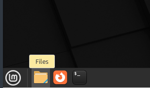 O ícone do navegador de arquivos Linux Mint no painel, com leitura de dica de ferramenta