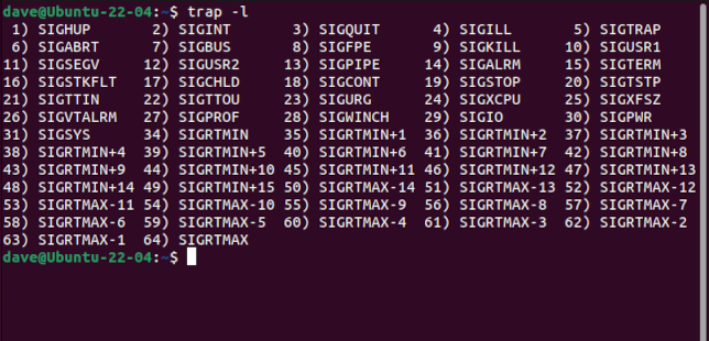 Listando os sinais no Ubuntu com trap -l