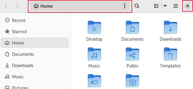 Navegador de arquivos GNOME 43 com botão Fechar e barra de endereço em destaque
