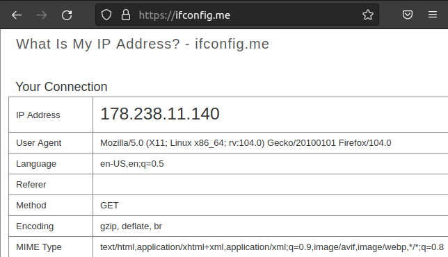 O site ifconfig.me exibindo um endereço IP externo