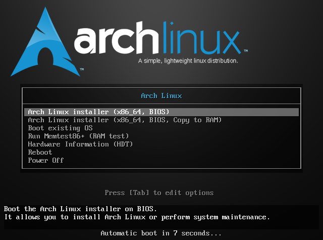 Menu principal do instalador do Arch Linux